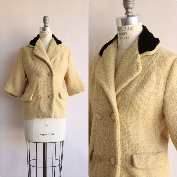 Vintage 1960s Jacket, Yellow with Black Velvet Collar, Double Breasted - Picture 1 of 10